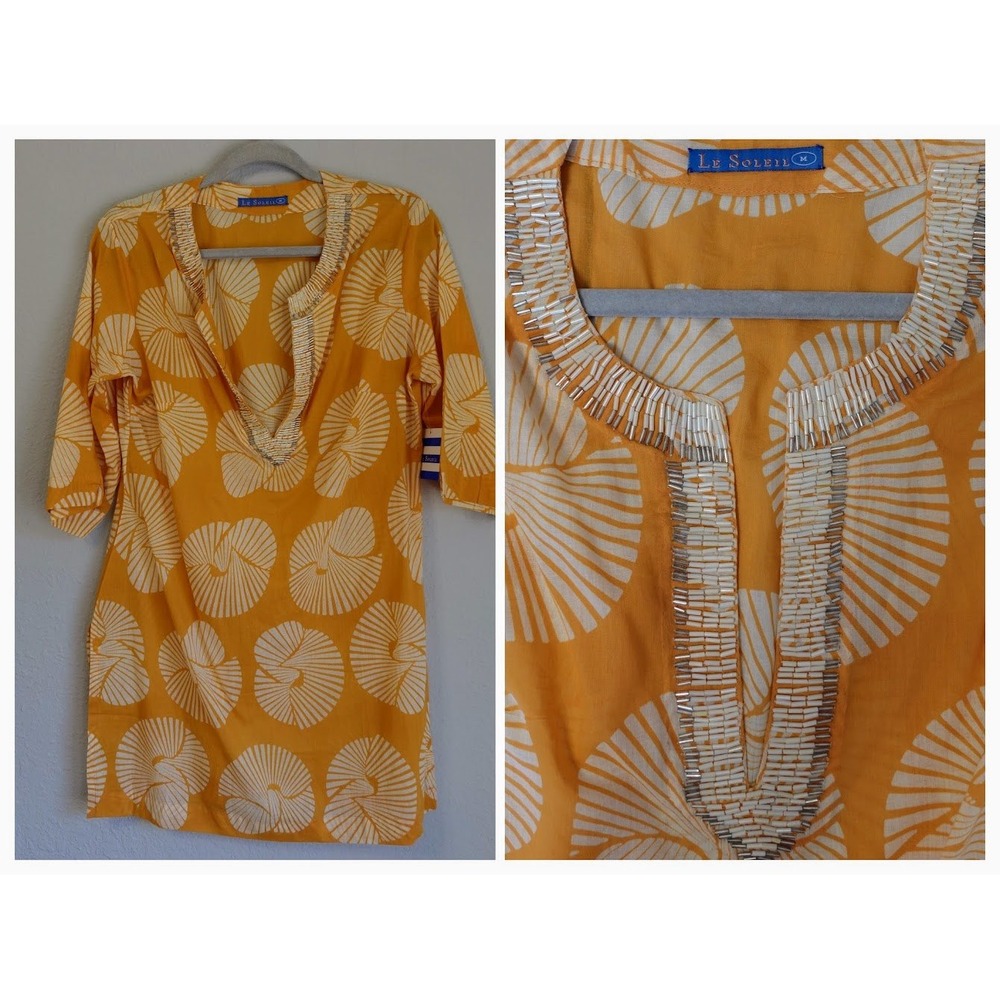 Le Soleil‎ Tunic Cover Up Womens Med Orange Top Shell Beaded Cotton Resort Beach